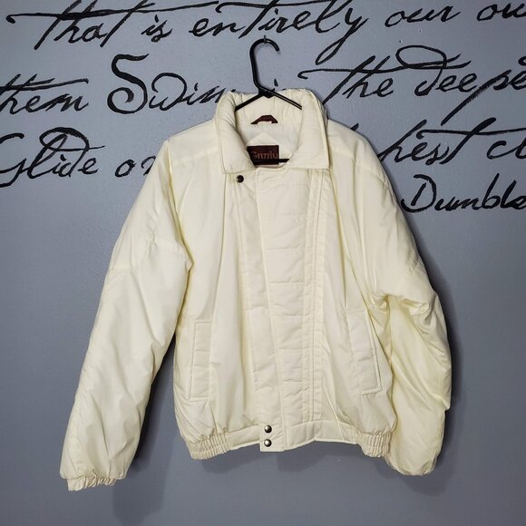 Vintage Men's Ivory Puffer Bomber Jacket with Hood from Grizzly, Streetwear, L - Picture 1 of 11